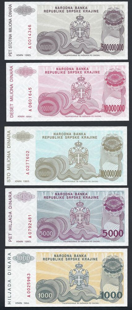 Croatia - Group of 5 notes 1993/1994 - UNC