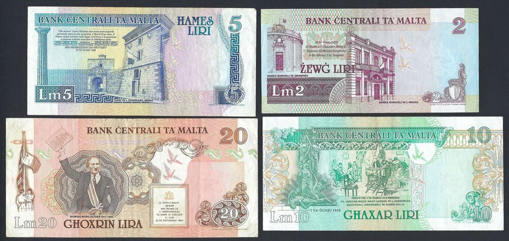 Malta - 2, 5, 10 & 20 Liri L.1967 - Pick # 41, 42, 43, 44 - VF