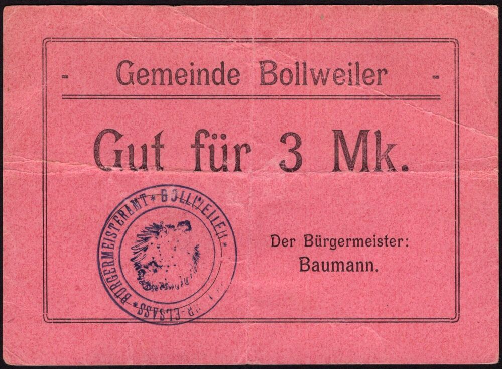 France, Emergency Issue - Bollwiller / Bollweiler - 3 Mark WWI