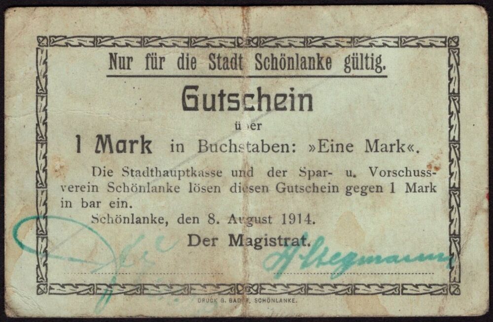 Poland, Emergency Issue - Trzcianka / Schonlanke - 1 Mark WWI