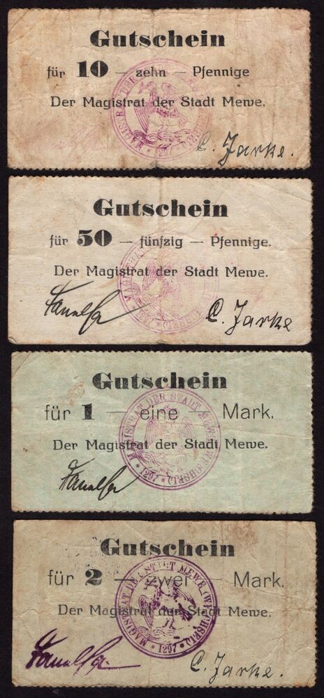 Poland, Emergency Issue - Gniew / Mewe - 0.10, 0.50, 1 & 2 Mark WWI