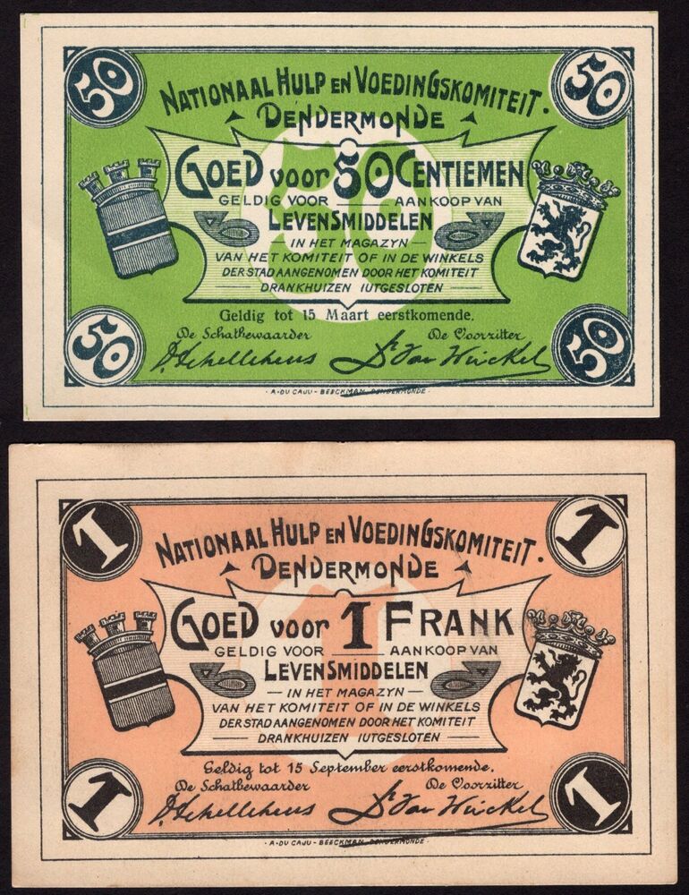 Belgium, Dendermonde - 50 Centiemen & 1 Frank WWI - XF