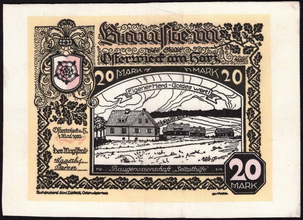 Germany - 20 Mark 1922, Osterwieck - LEATHER - AU