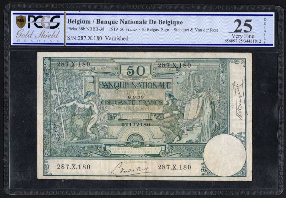 Belgium - 50 Francs 1919 - Pick # 68b - PCGS 25 Very Fine