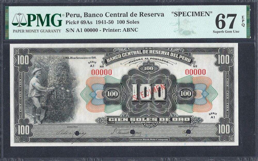 Peru - 100 Soles 1941 - Pick # 69As - PMG 67 EPQ