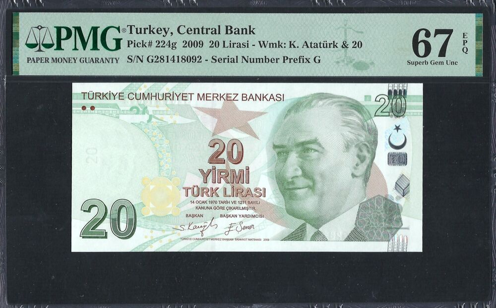 Turkey - 20 Lirasi 2009 - Pick # 224g - PMG 67 EPQ