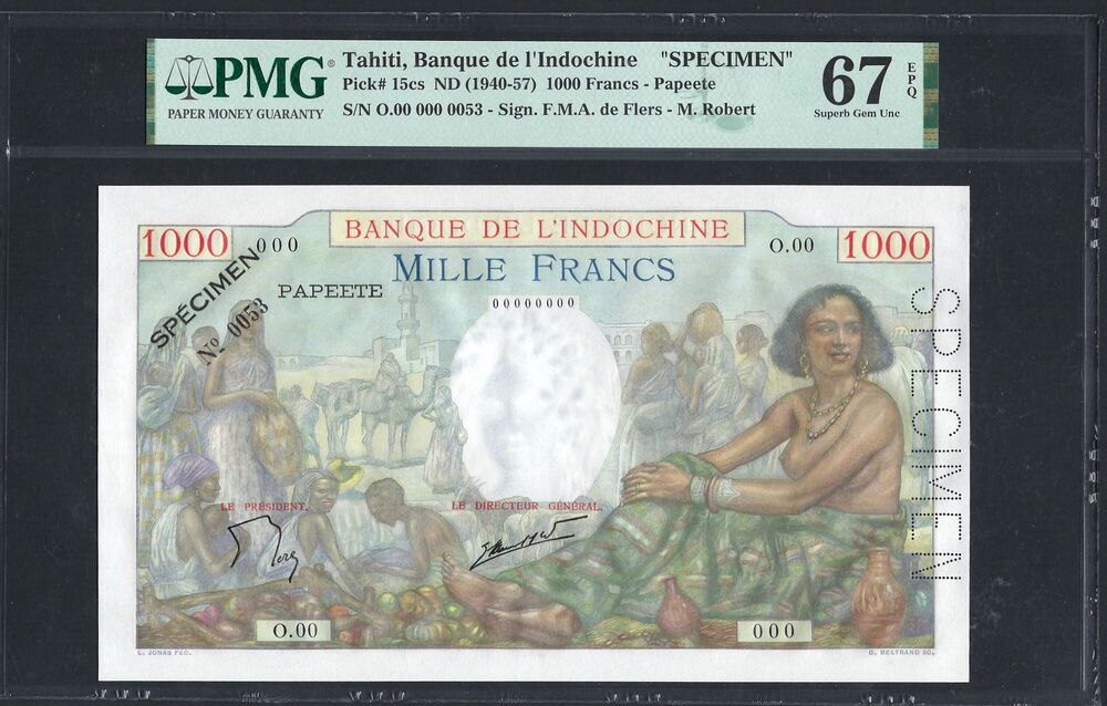 Tahiti - 1000 Francs 1940 - Pick # 15cs - PMG 67 EPQ