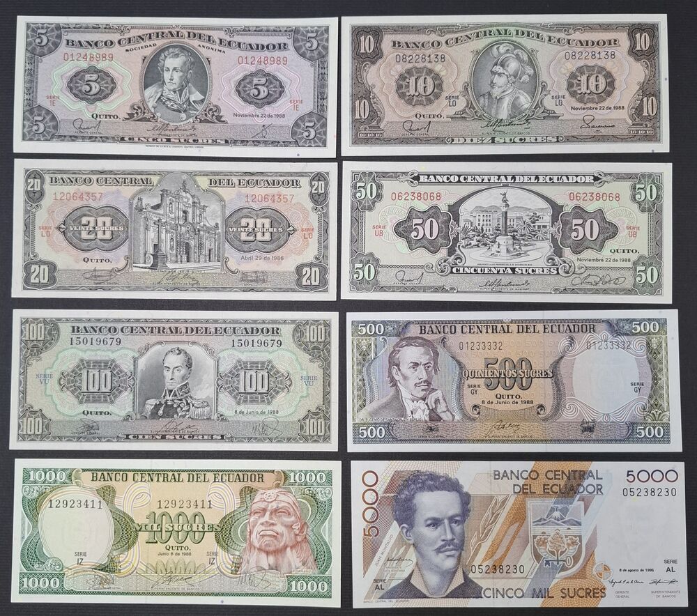 Ecuador - Group of 8 notes 1986/95 - UNC