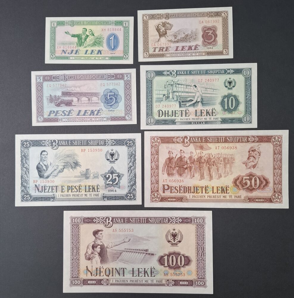 Albania - 1, 3, 5, 10, 25, 50 & 100 Lekë 1964 - Pick # 33 to 39 - Complete Series - UNC