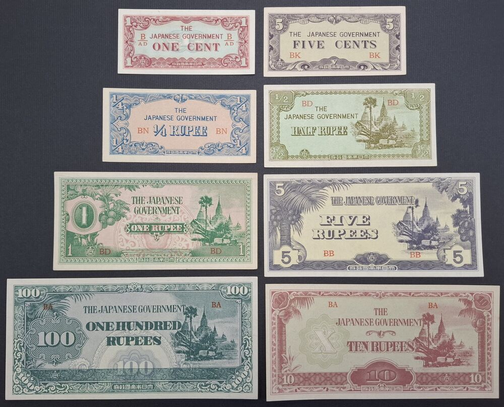 Burma, Japanese Occupation - Group of 8 notes 1942/1944 - AU/UNC
