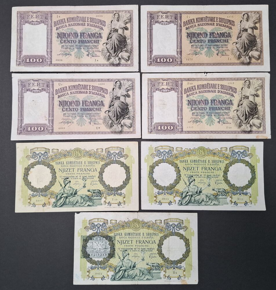 Albania - 3 x 20 & 4 x 100 Franga 1939/40 - Pick # 7 & 8 - VG/Fine