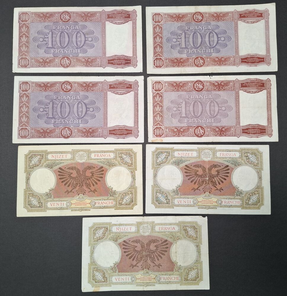 Albania - 3 x 20 & 4 x 100 Franga 1939/40 - Pick # 7 & 8 - VG/Fine