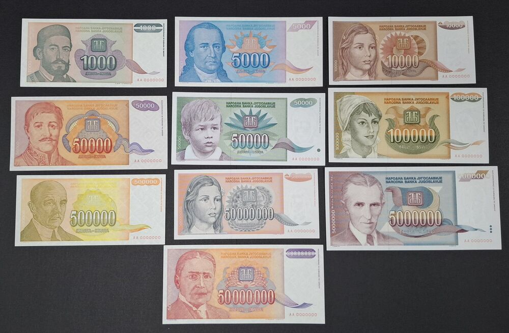 Yugoslavia - Group of 10 notes 1992/94 - All Serial AA0000000 - AU/UNC
