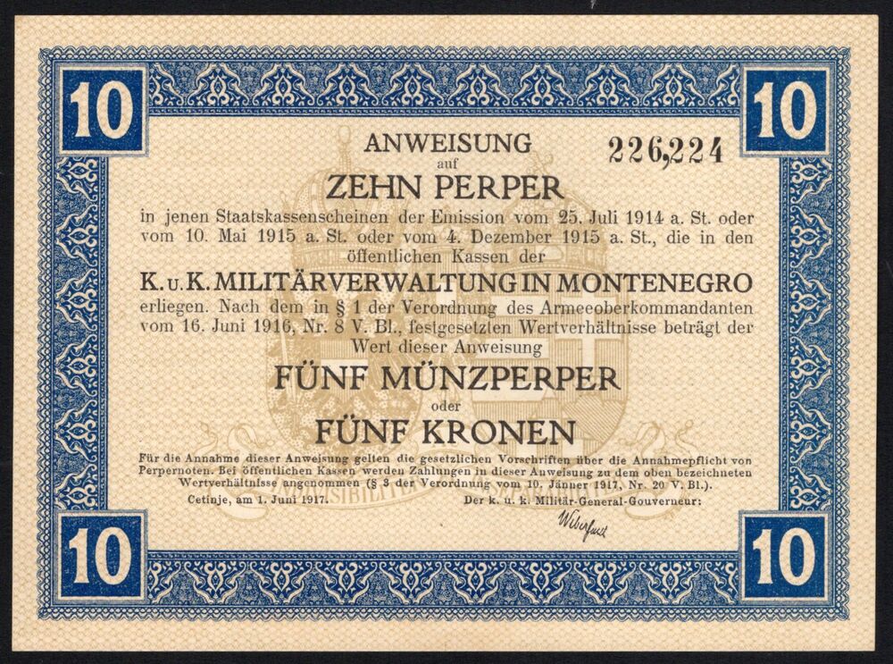 Montenegro - 10 Perper 1917 - Pick # M151 - AU