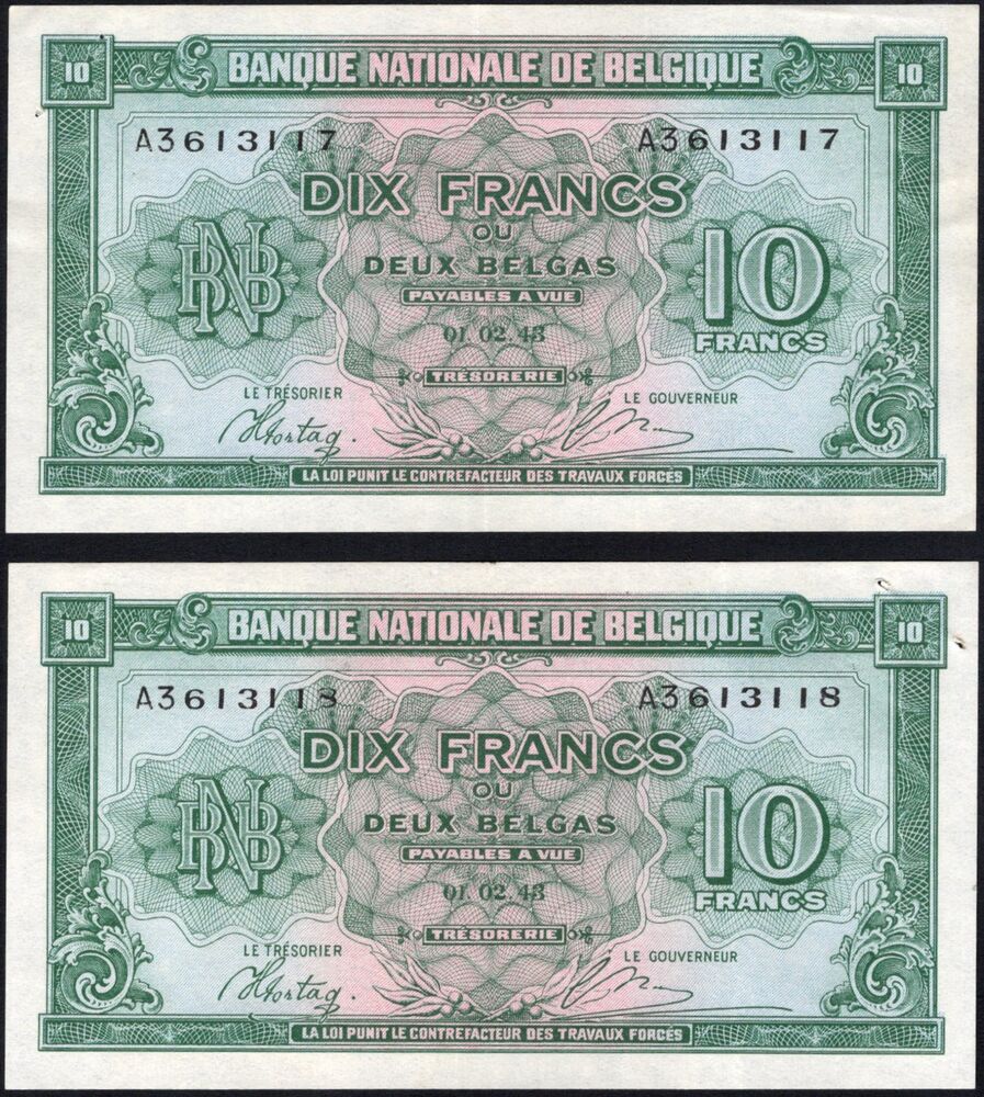 Belgium - 2 x 10 Francs 1943 - Pick # 122 - Consecutive - XF