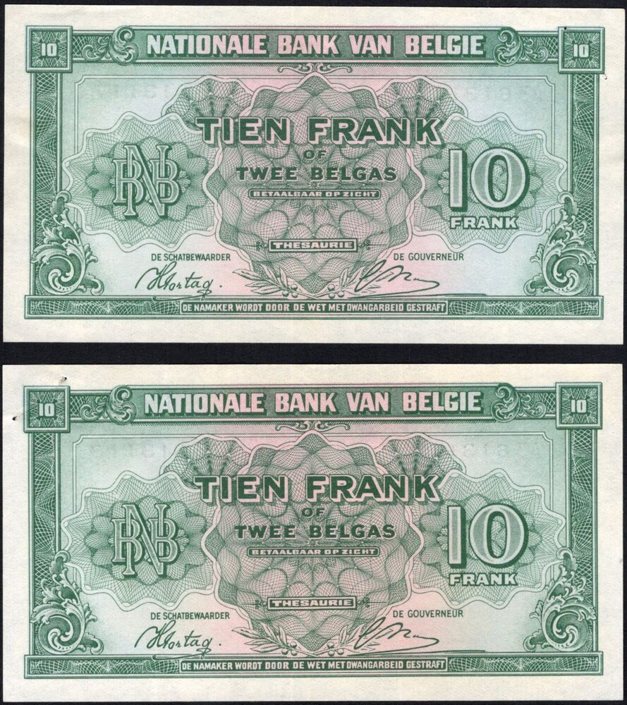 Belgium - 2 x 10 Francs 1943 - Pick # 122 - Consecutive - XF