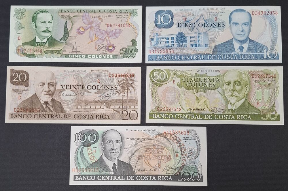 Costa Rica - Group of 5 notes 1982/93 - UNC