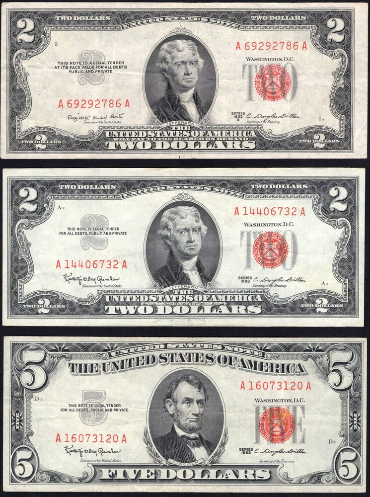 USA - 2, 2 and 5 Dollars dated 1953 to 1963 - VF
