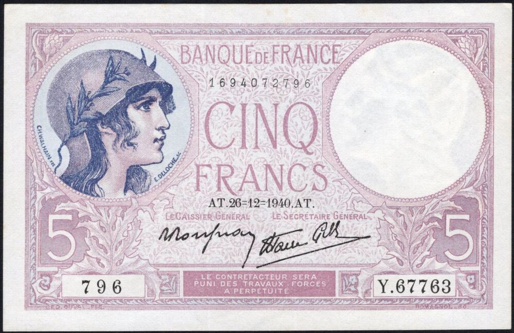 France - 5 Francs 1940 - Pick # 83 - AU