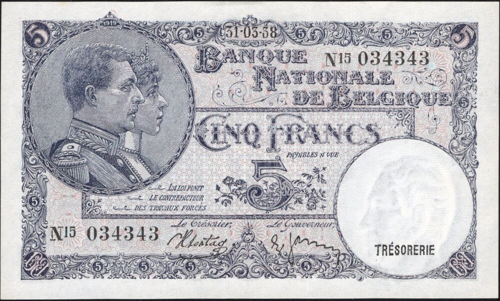 Belgium - 5 Francs 1938 - Pick # 108 - UNC-