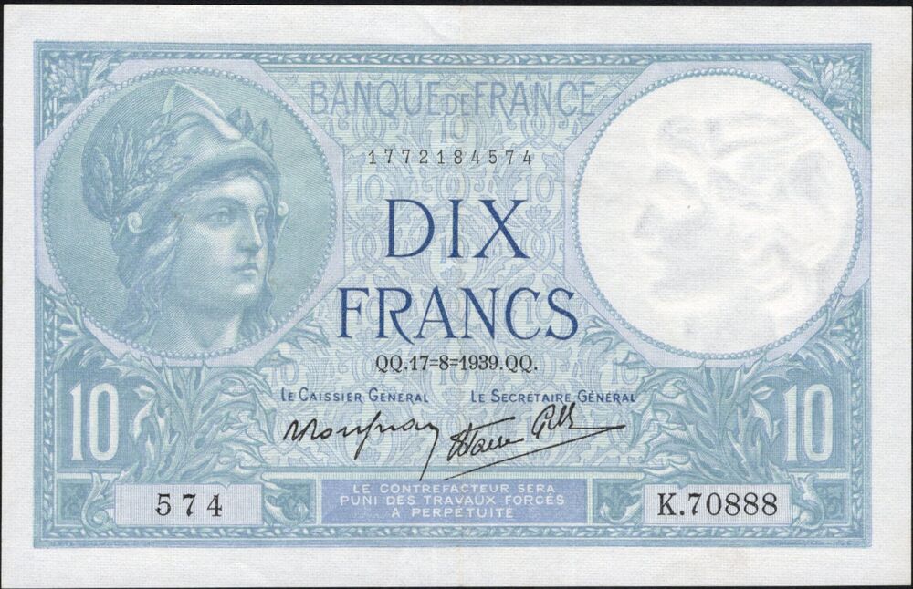 France - 10 Francs 1939 - Pick # 84 - XF+