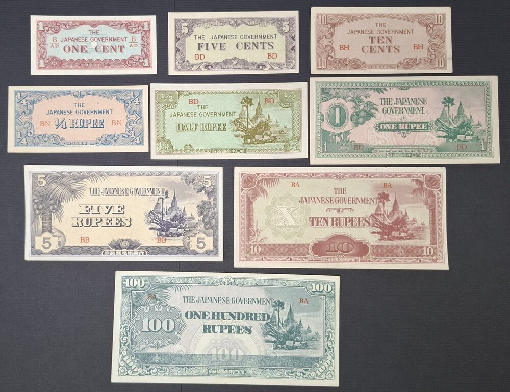 Burma - Japanese Occupation 1942/1944, 9 notes - VF to UNC