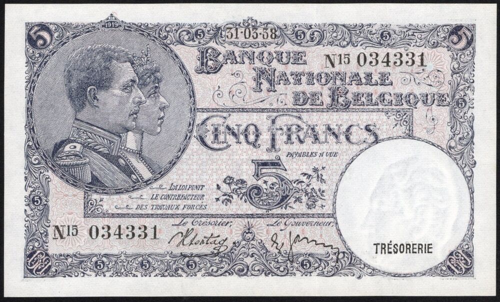 Belgium - 5 Francs 1938 - Pick # 108 - UNC
