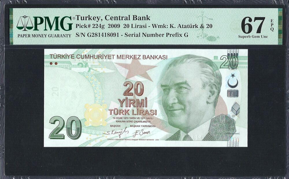Turkey - 20 Lira 2009 - Pick # 224g - PMG 67 EPQ