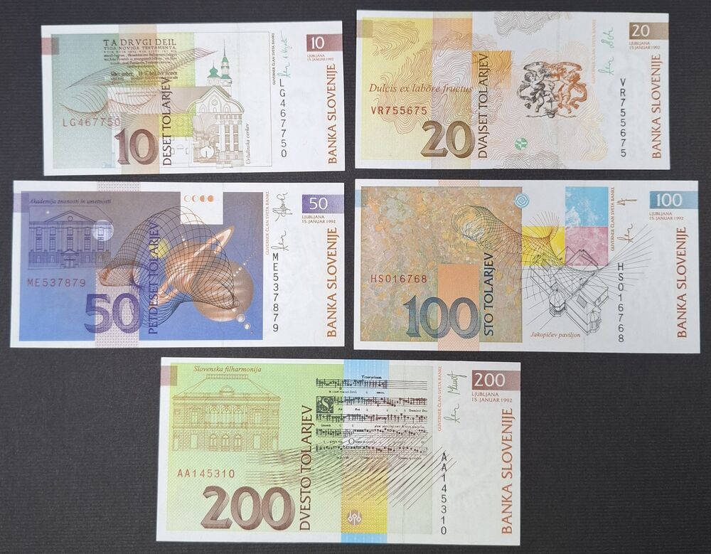Slovenia - 10, 20, 50, 100 & 200 Tolar 1992 - Pick # 11 to 15 - UNC