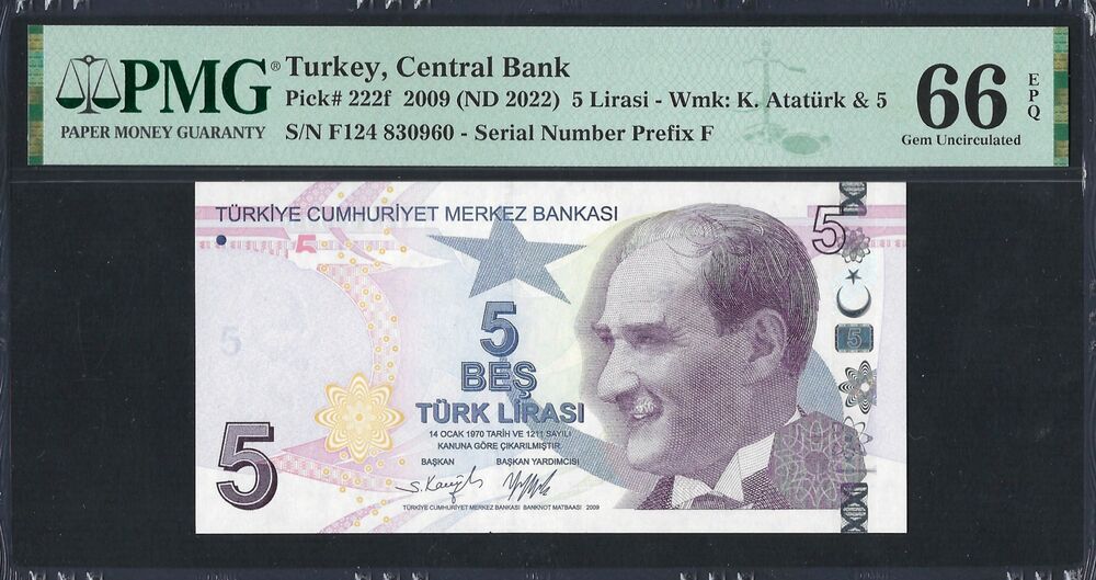 Turkey - 5 Lirasi 2009 - Pick # 222f - PMG 66 EPQ