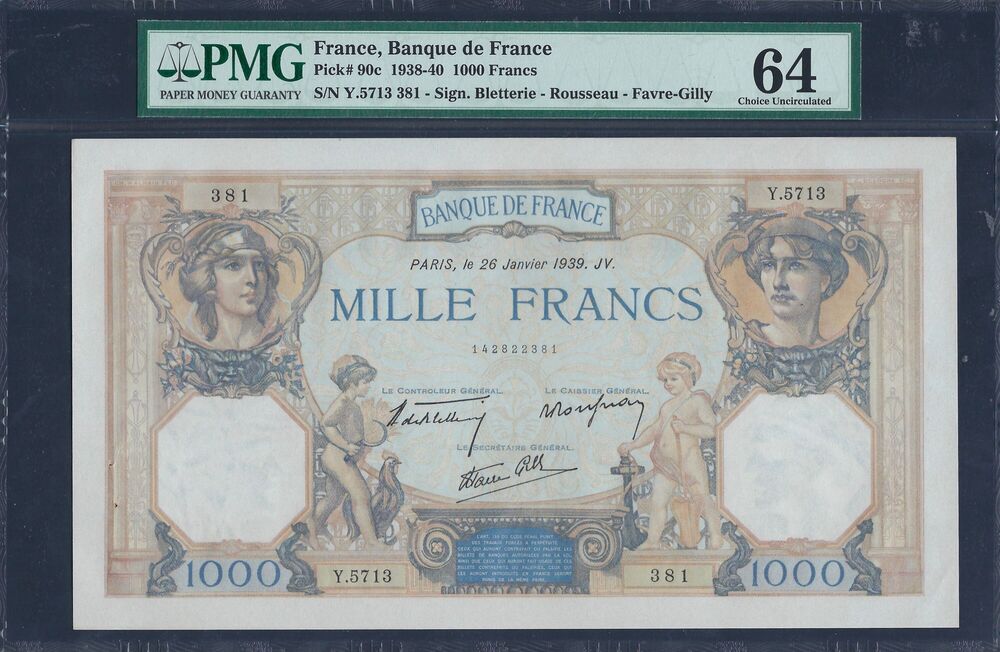 France - 1000 Francs 1938 - Pick # 90c - PMG 64