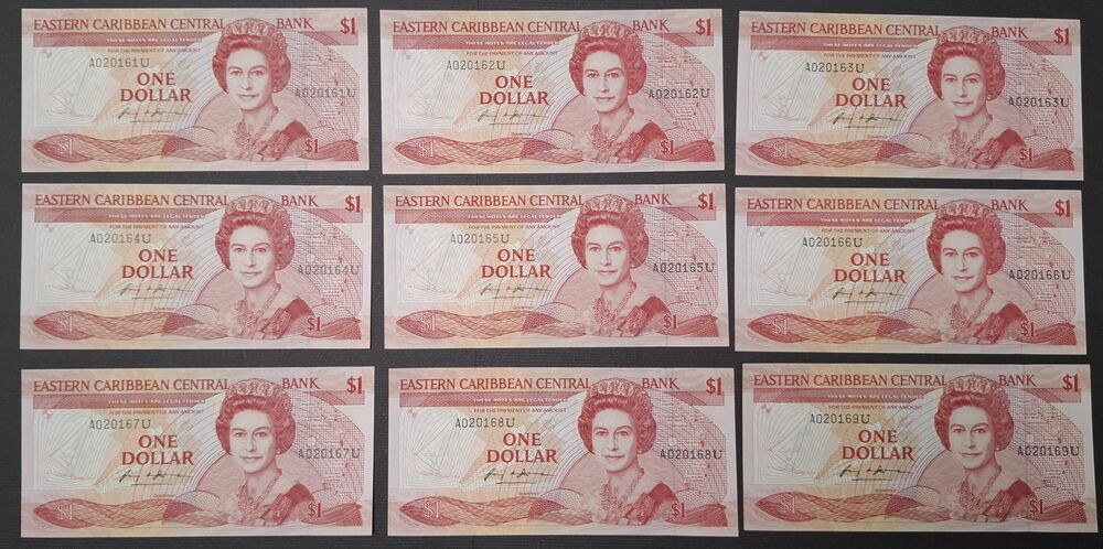 East Caribbean States, Anguilla - 9 x 1 Dollar 1988/89 - Pick # 21u - Consecutive - UNC