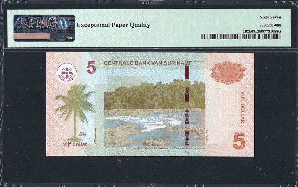 Suriname - 5 Dollars 2012 - Pick # 162b - PMG 67 EPQ