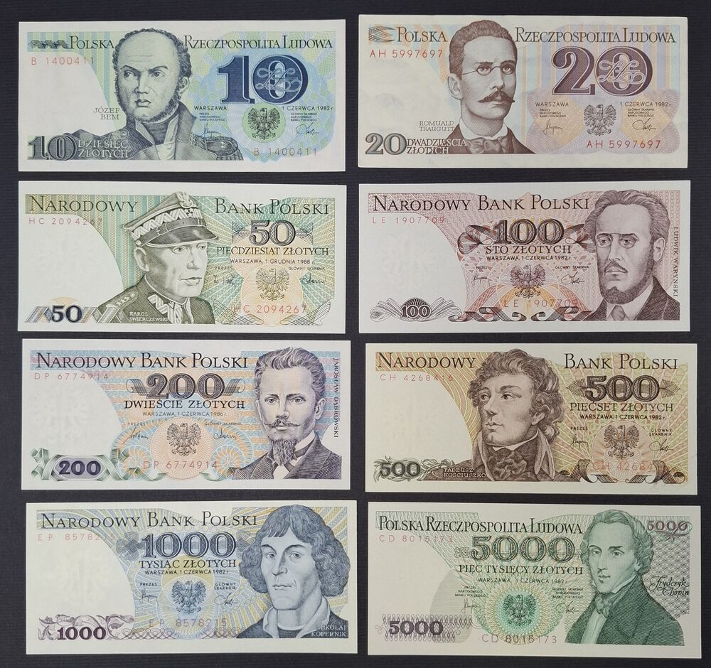 Poland - Group of 8 notes 1982/88 - AU/UNC