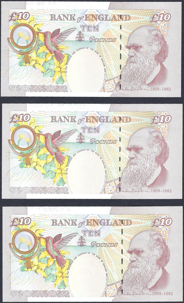 Great Britain - 3 x 10 Pounds 2000 - Pick # 389d - Same Serial - UNC