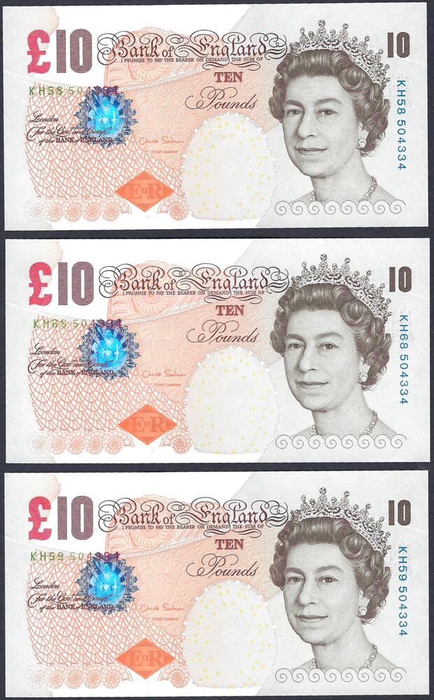 Great Britain - 3 x 10 Pounds 2000 - Pick # 389d - Same Serial - UNC