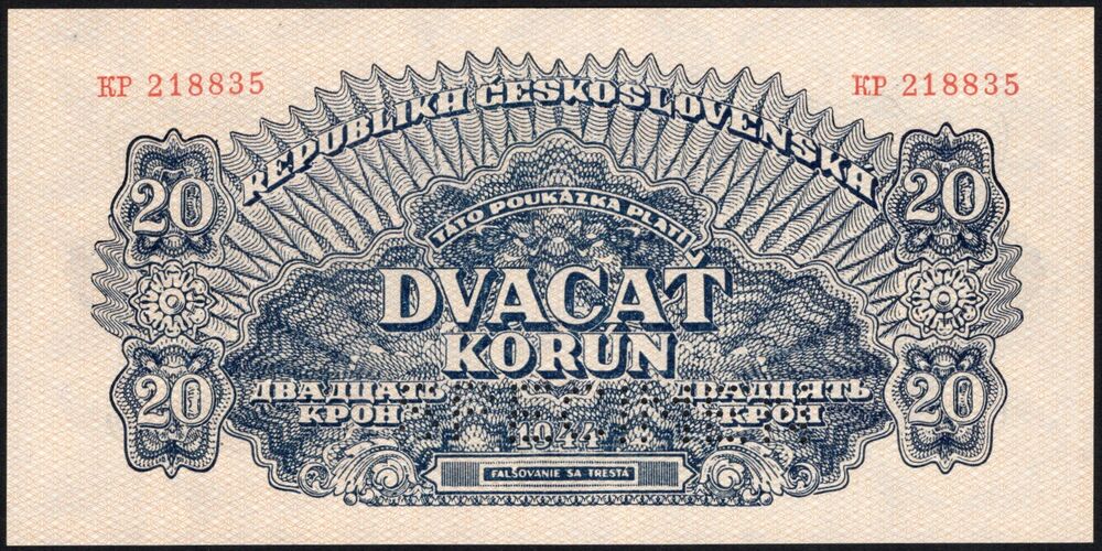 Czechoslovakia - 20 Korun 1944 - Pick # 47s - AU