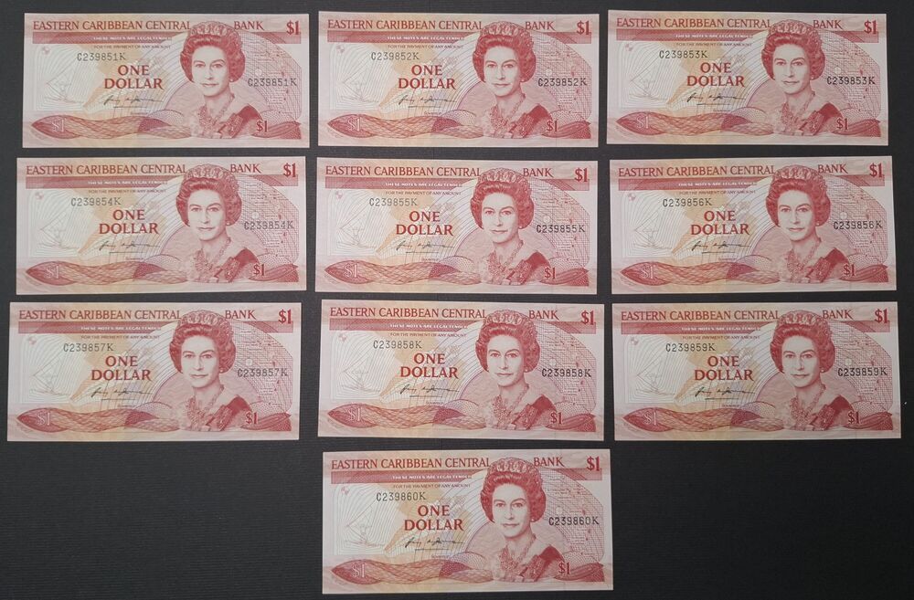 East Caribbean States, St. Kitts - 10 x 1 Dollar 1988/89 - Pick # 21k - Consecutive - UNC