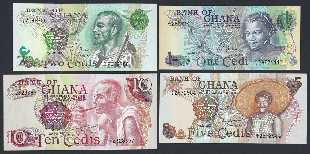 Ghana - 1, 2, 5 & 10 Cedis 1976/78 - Pick # 13/16 - UNC