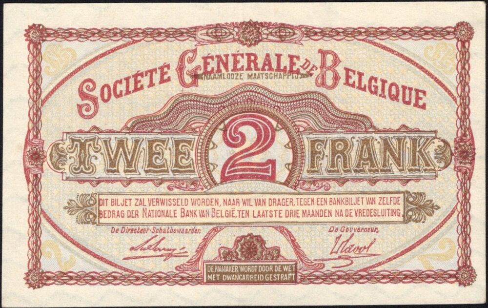Belgium - 2 Francs 1918 - Pick # 87 - XF+/AU