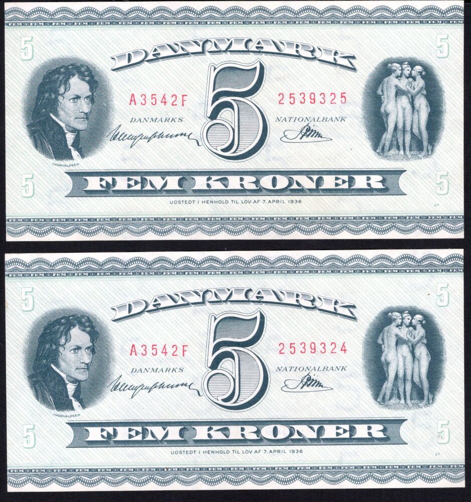 Denmark - 2 x 5 Kroner 1954 - Pick # 42e - Consecutive - VF/XF