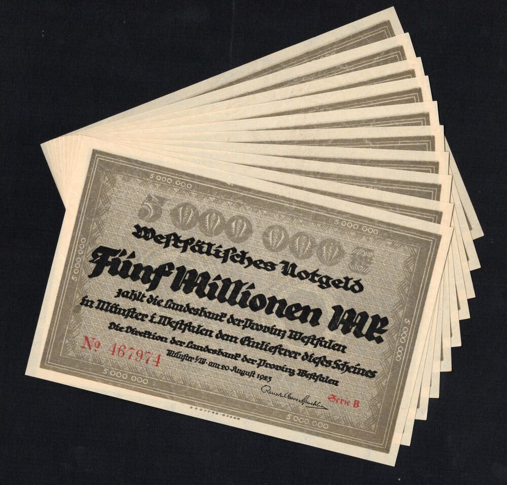 Germany - 10 x 5.000.000 Mark 1923, Consecutive serials - Pick # NL - AU/UNC