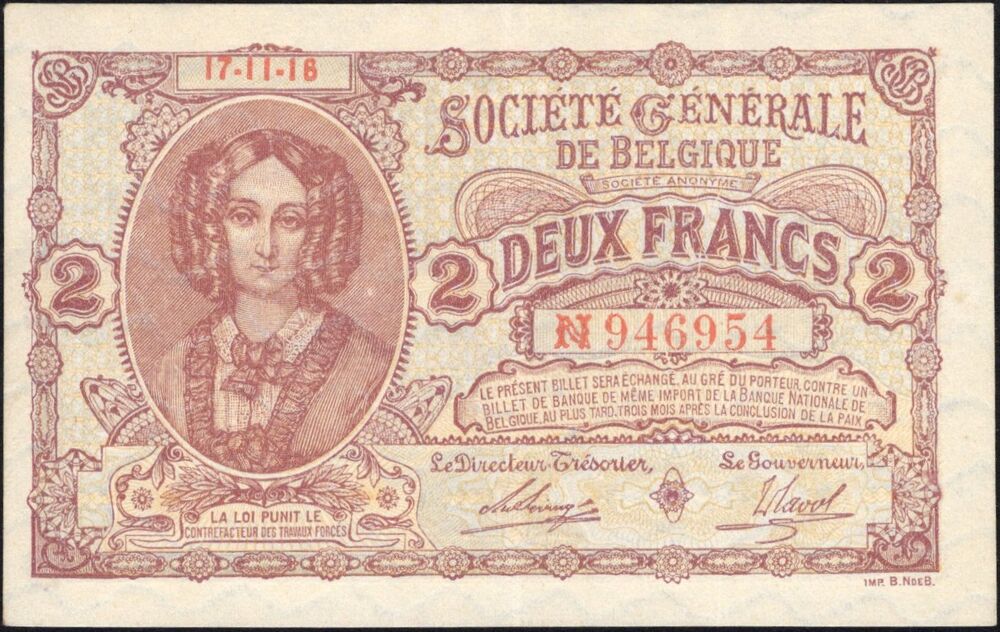 Belgium - 2 Francs 1918 - Pick # 87 - XF+/AU