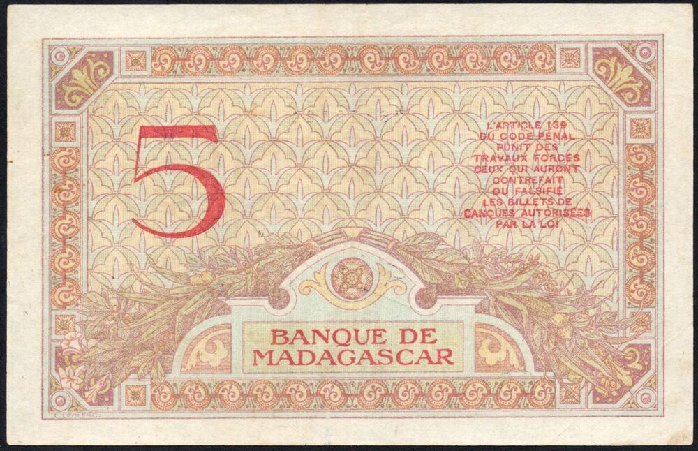 Madagascar - 5 Francs 1937 - Pick # 35 - VF