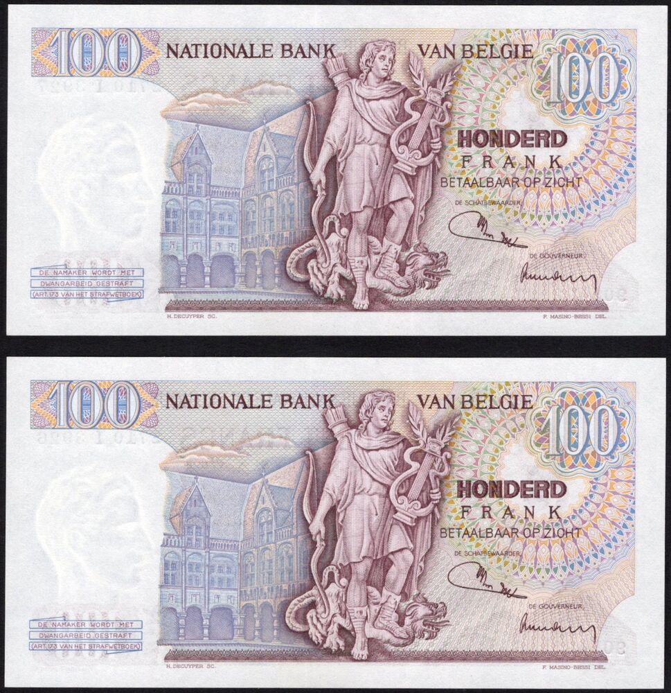 Belgium - 2 x 100 Francs 1974 - Pick # 134* - Consecutive Serial, Replacement - UNC