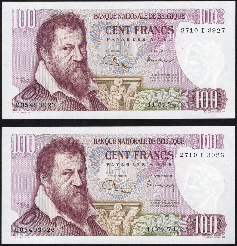 Belgium - 2 x 100 Francs 1974 - Pick # 134* - Consecutive Serial, Replacement - UNC