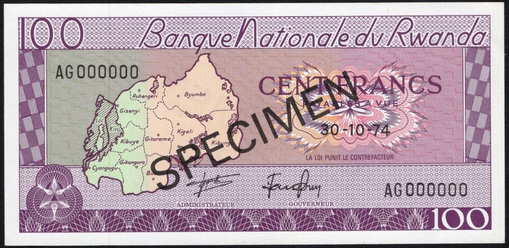 Rwanda - 100 Francs 1974 - Pick # 8s2 - Specimen - AU