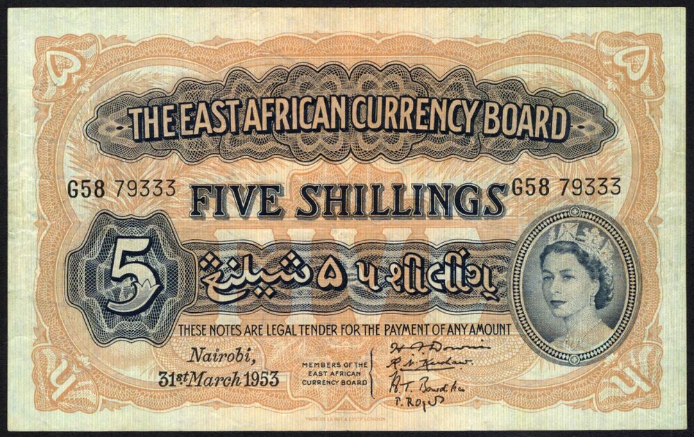 East Africa - 5 Shillings 1953 - Pick # 33 - VF