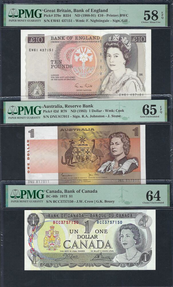 Queen Elizabeth - Group of 3 PMG graded notes