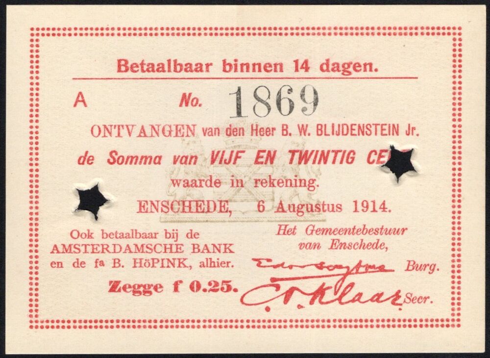 Netherlands, Enschede - 0.25 Gulden 1914 - Pick # NL - UNC-
